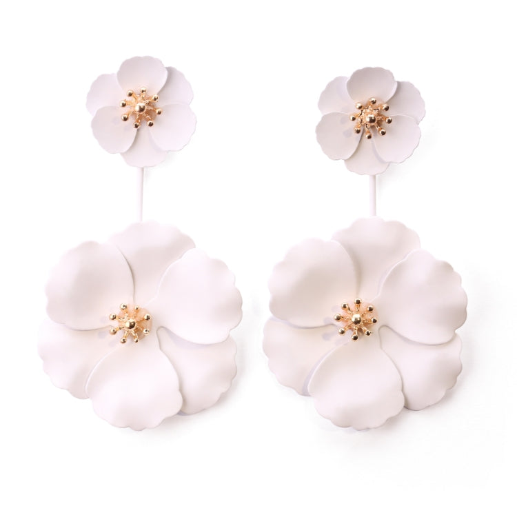 White colour small flower drop into large flower painted alloy earrings with gold centre