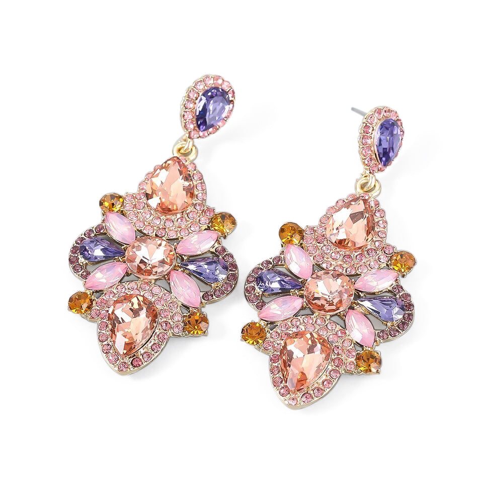 Iridescent AB Rhinestone and Diamante Statement Earrings in Blush