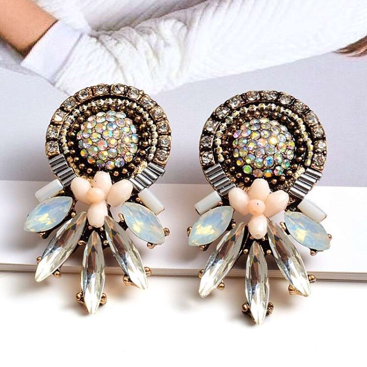 Round stud mix bead and diamante earrings Featuring AB diamante detailing Rhinestone leaf design in white opal