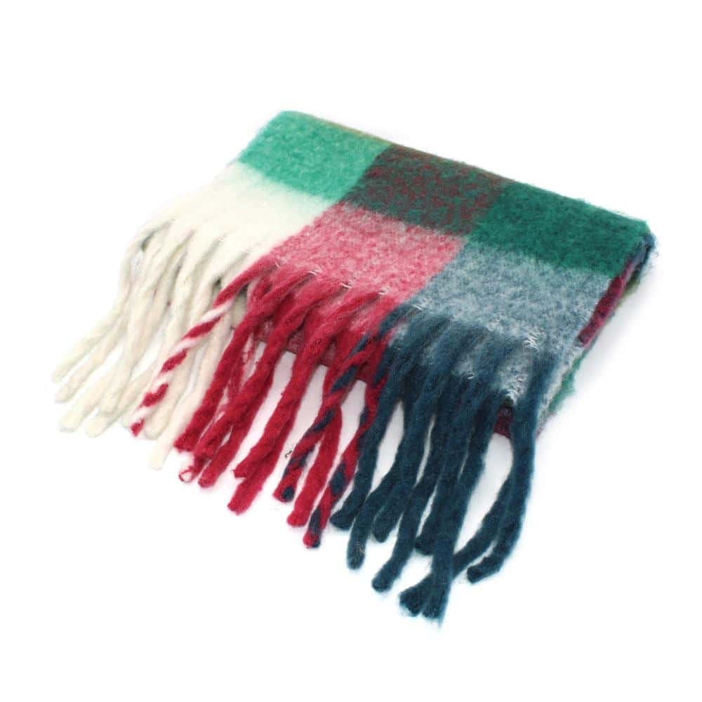 Morgan and Taylor Chunky winter scarf Multi-colour check pattern featuring tasseled edge Magenta, emerald, teal and cream toned 100% polyester Australian design Length 190 cm, Width 35 cm