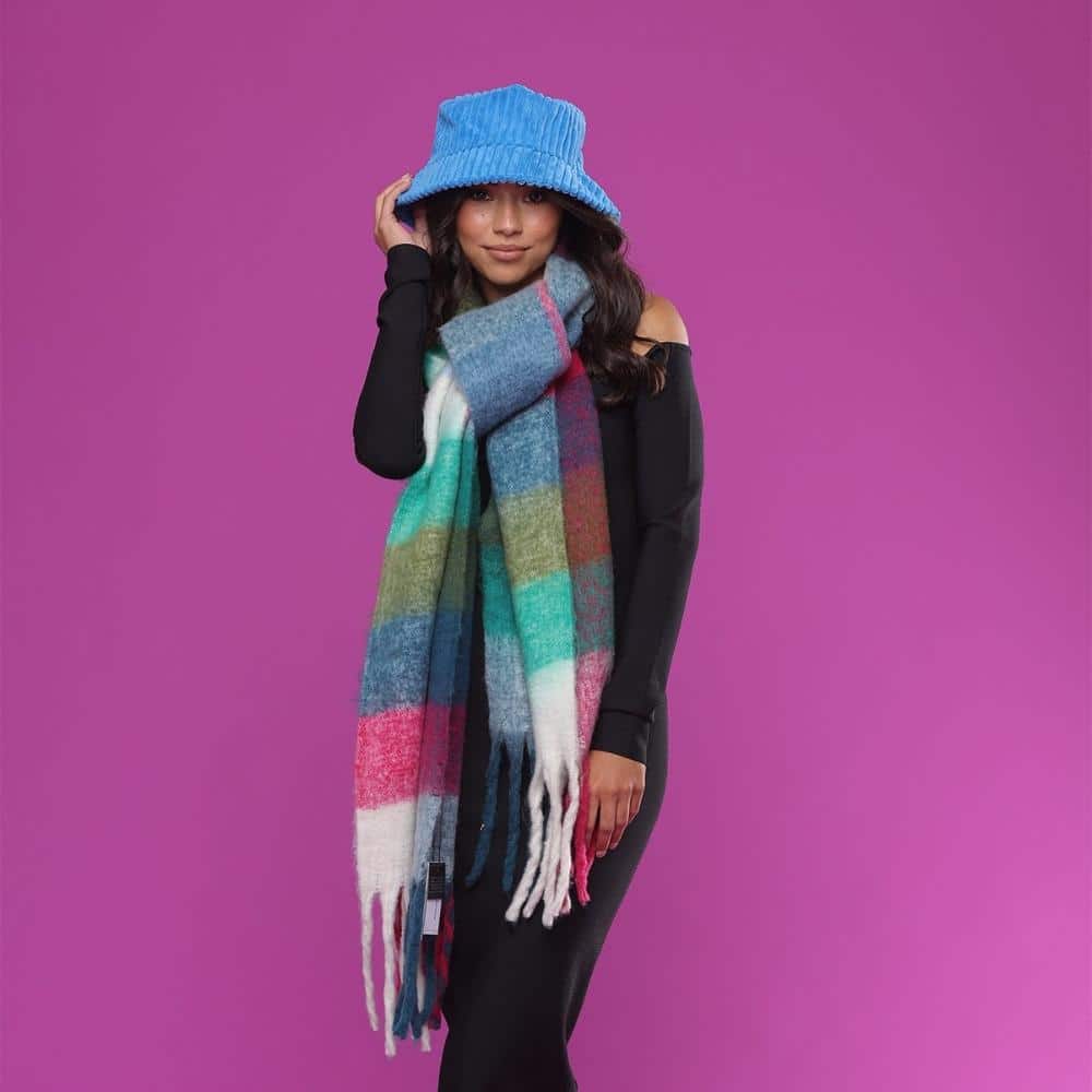 Morgan and Taylor Chunky winter scarf Multi-colour check pattern featuring tasseled edge Magenta, emerald, teal and cream toned 100% polyester Australian design Length 190 cm, Width 35 cm on Model