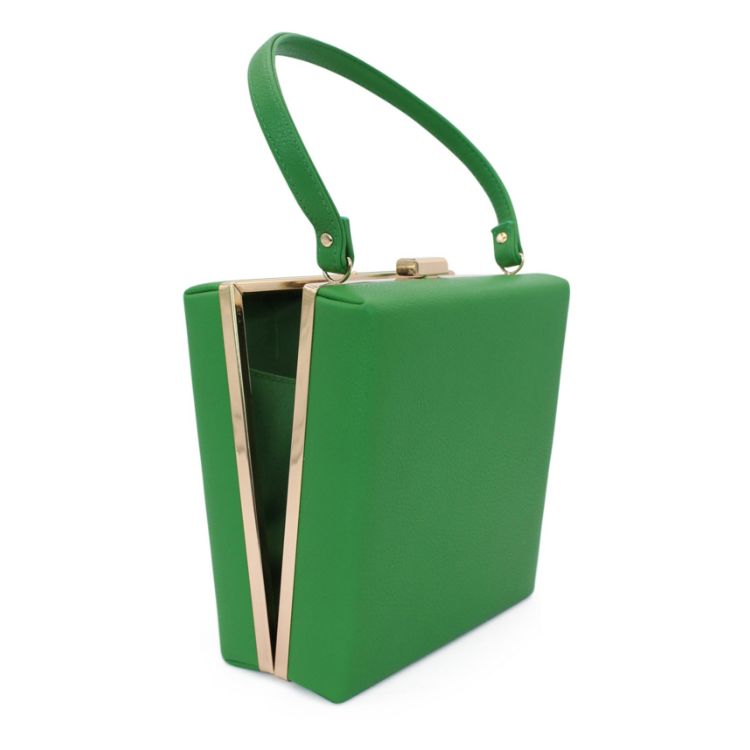 Square Vegan Leather Hard Clutch with Gold Hardware in Green