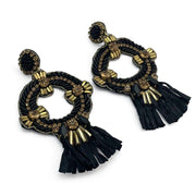 Beaded stud statement earrings Mixed bead and diamante drop Featuring raffia fringe details