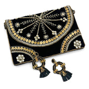 Beaded stud statement earrings Mixed bead and diamante drop Featuring raffia fringe details paired with Bohemian Clutch