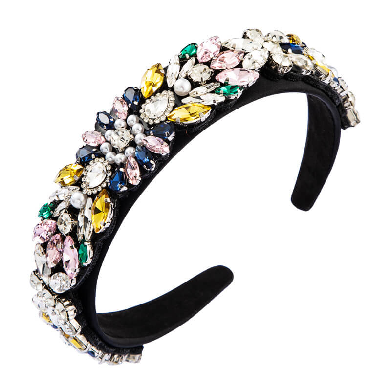 Black Satin Headband Embellished with Pearls and Multi-coloured Rhinestones