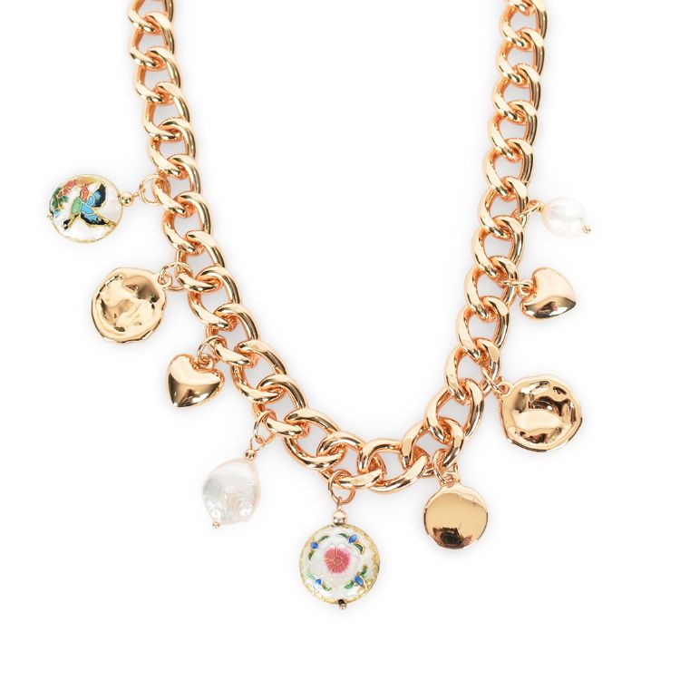 Short Gold Necklace with Mixed charm details and Parrot clip closure