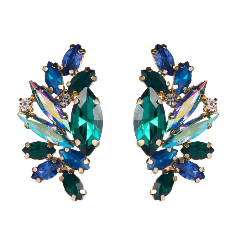 Rhinestone and Diamante Geometric Design Stud Earrings in Green/Blue