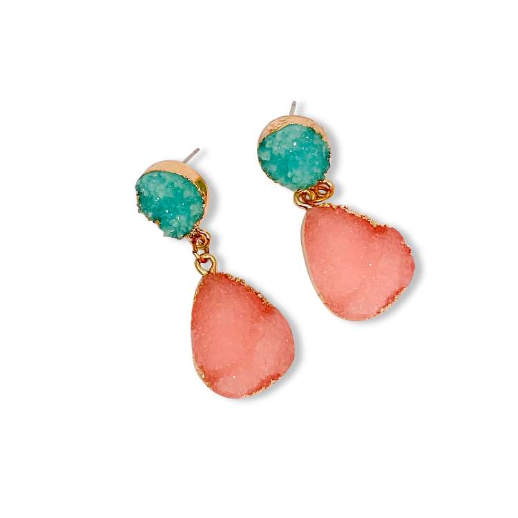 Resin imitation quartz drop earrings in turquoise and blush