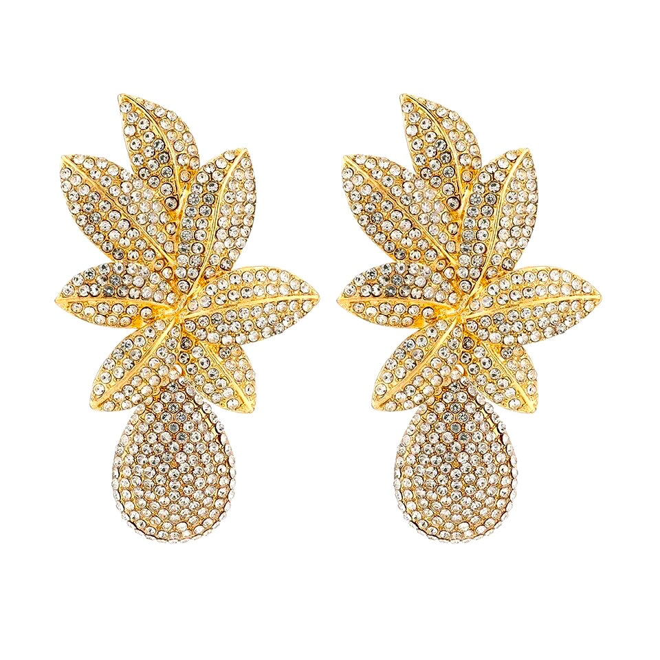Large gold statement earrings Leaf design encrusted with diamante