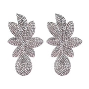 Large silver statement earrings Leaf design encrusted with diamante