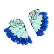 angel wing rice bead, sequin and diamante stud earrings in aqua and blue 