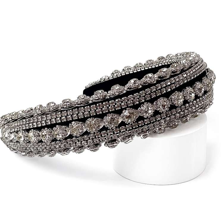 Black Velvet Padded Headband Embellished in Rhinestone and Diamante
