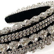 close up of Black Velvet Padded Headband Embellished in Rhinestone and Diamante