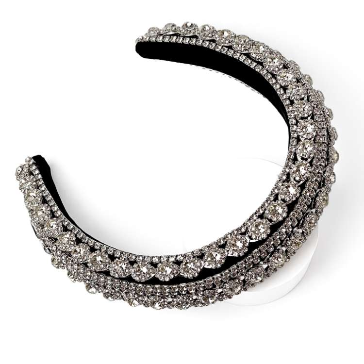 Top view of Black Velvet Padded Headband Embellished in Rhinestone and Diamante
