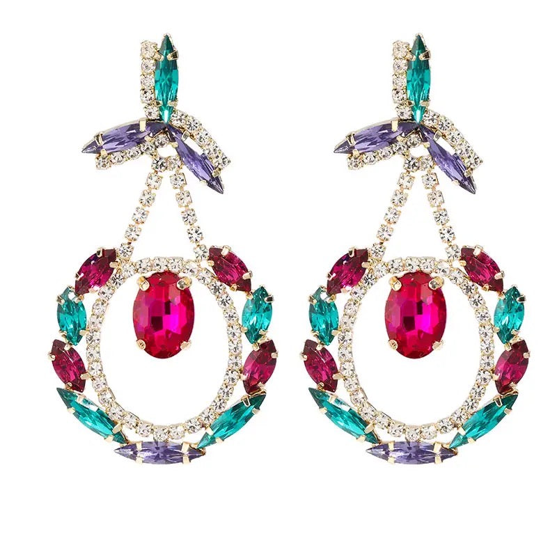  Leaf design stud rhinestone earrings Diamante and rhinestone dangle drop Set in gold alloy in Emreald and Pink