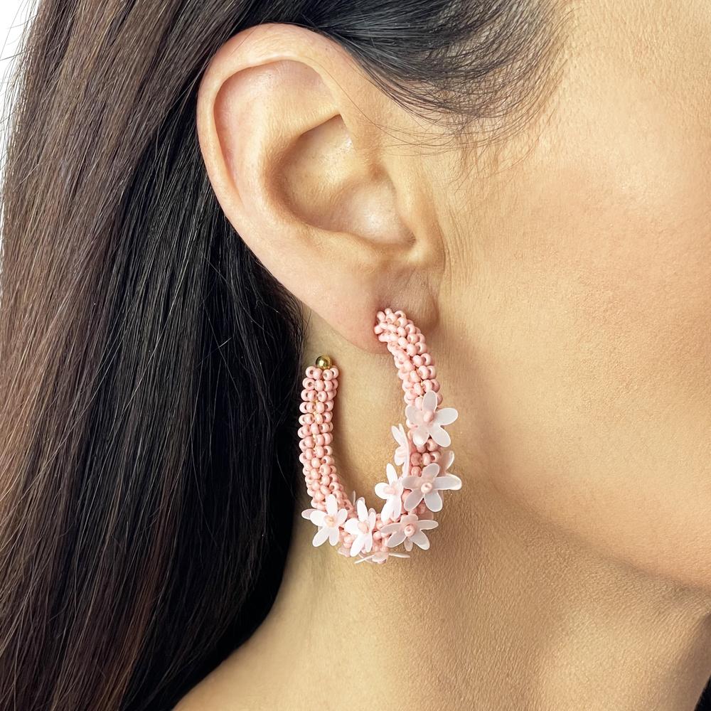 Pink Rice Bead Flower Hoop Earrings on Model