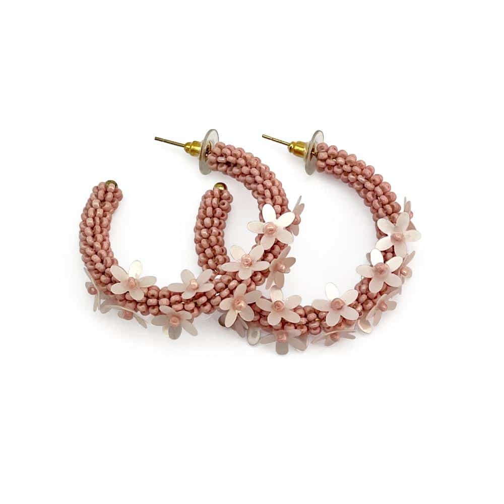 Pink Rice Bead Flower Hoop Earrings