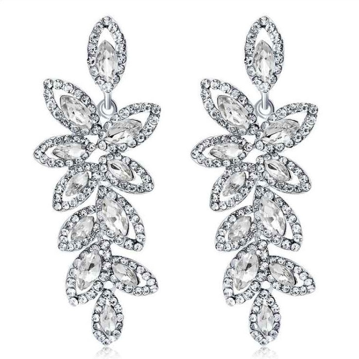 Diamante and rhinestone drop earrings Leaf rhinestone with halo diamante design in silver