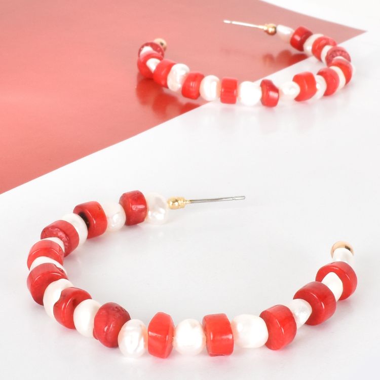 Mix bead hoops Coral stone & pearl mix beads Stud back closure