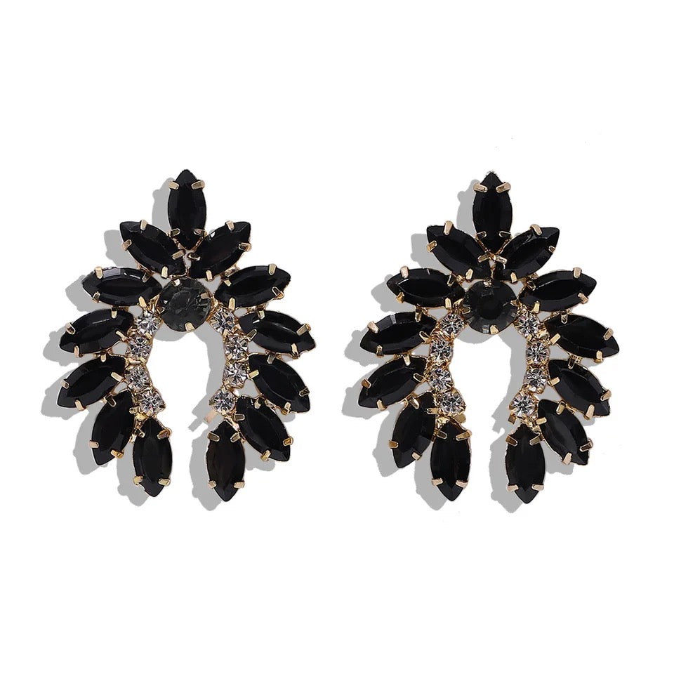 Large Diamante and Rhinestone Amber Half Circle Statement Earrings in Black