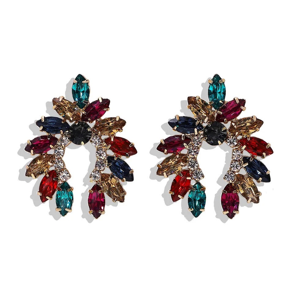 Large Diamante and Rhinestone Amber Half Circle Statement Earrings in Multi-colour