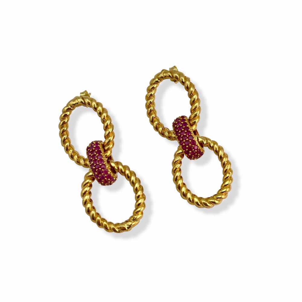 Gold plated Textured cable design stud earrings Diamante central detailing Twisted cable drop ruby