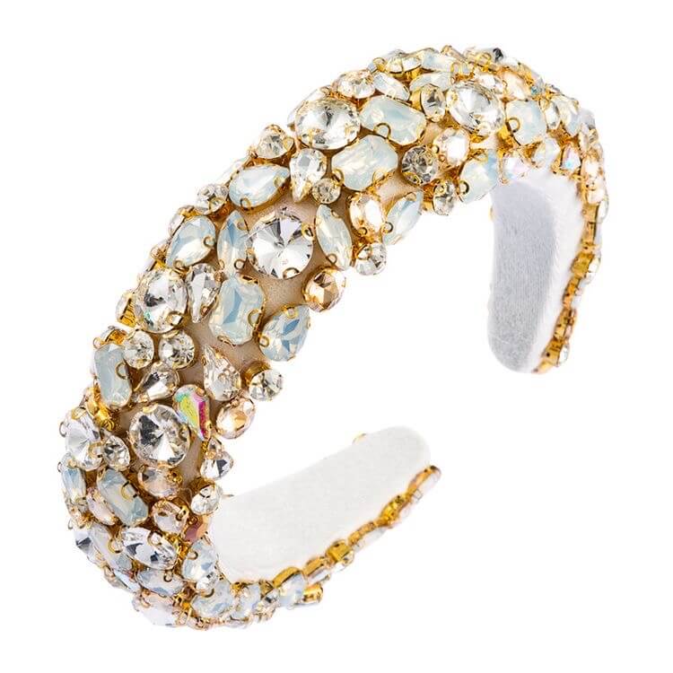 White velvet padded headband with multi-colour diamante set in antique gold