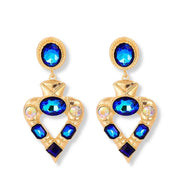 Gold Heart Statement Earrings Featuring AB Royal Blue Rhinestones