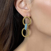 Gold plated Textured cable design stud earrings Diamante central detailing Twisted cable drop turquoise